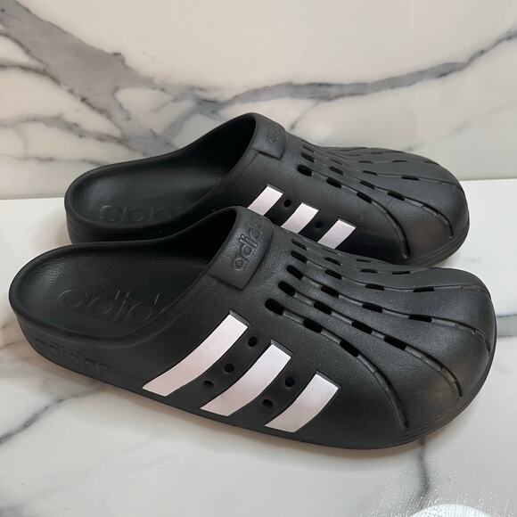 Adidas Adilette Clog Sandal Slide Unisex Casual Black White Stripe W13 M Sz 12 - Picture 1 of 7